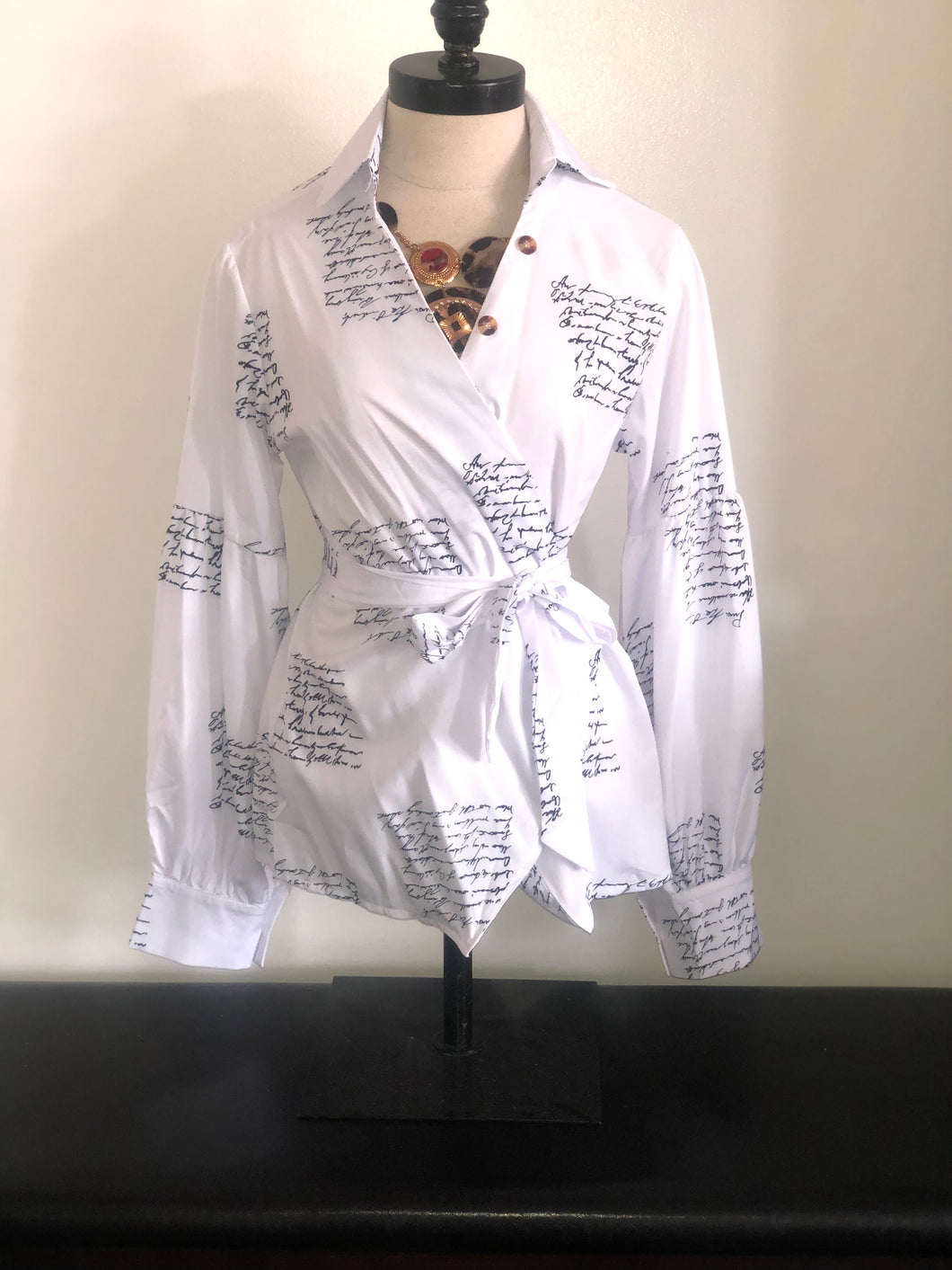 Lantern Sleeve Buttoned Wrap Printed Blouse